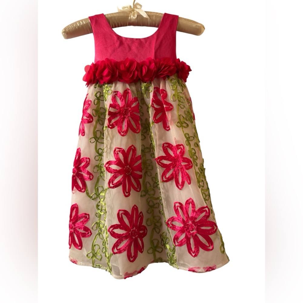 Rare Editions Vibrant Pink And Green Floral Dress Size 6
